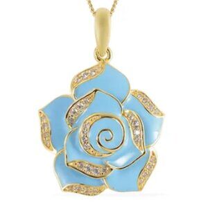 GP Italian Garden Collection White Zircon & Blue Enameled Rose Pendant Necklace